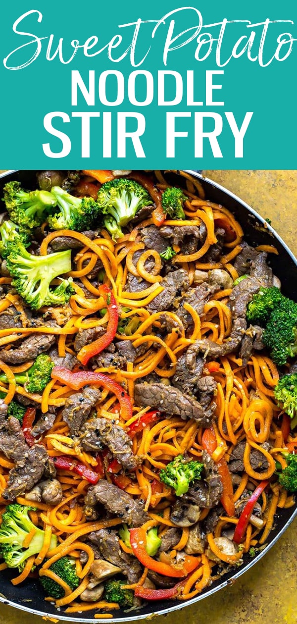 These 30-Minute Ginger Beef Sweet Potato Noodles are so delicious! Using spiralized sweet potato noodles in a stir fry makes this meal come together super quick. #sweetpotatonoodles #stirfry
