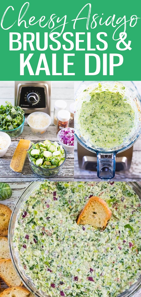 This Cheesy Asiago Brussels Sprouts & Kale Dip is sure to be a hit for holiday parties - it's a fall-themed version of spinach and artichoke dip! #brusselssprouts #kale #dip
