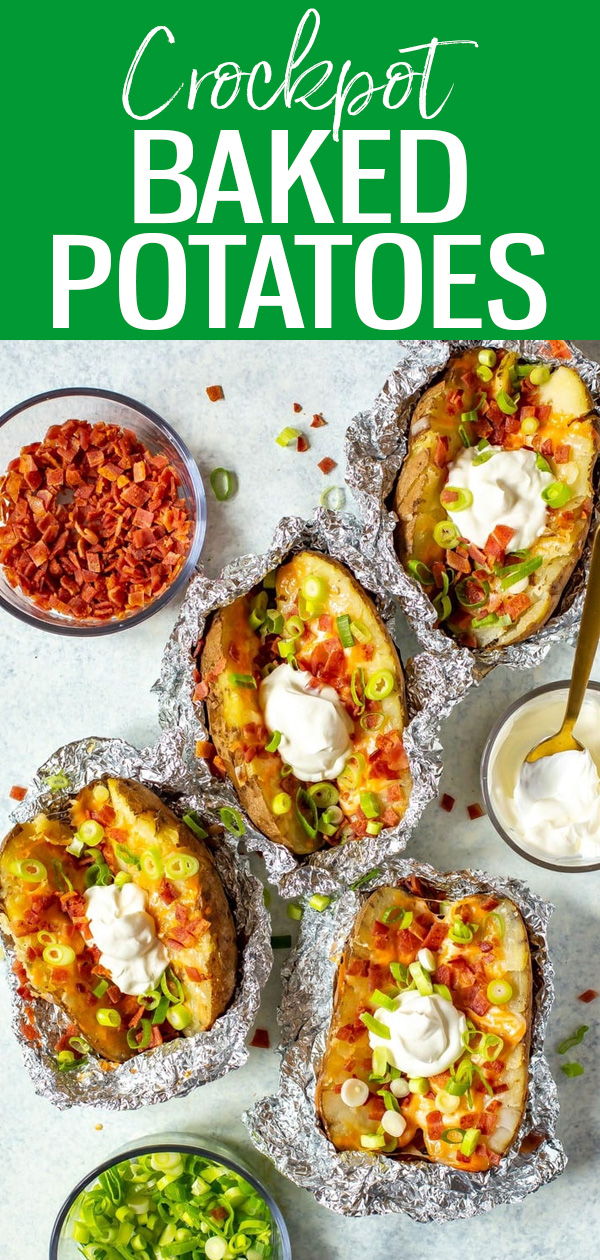 These are the BEST Crock Pot Baked Potatoes. They’re super easy to make – load them up with your favourite toppings for a full meal! #crockpot #bakedpotatoes #slowcooker