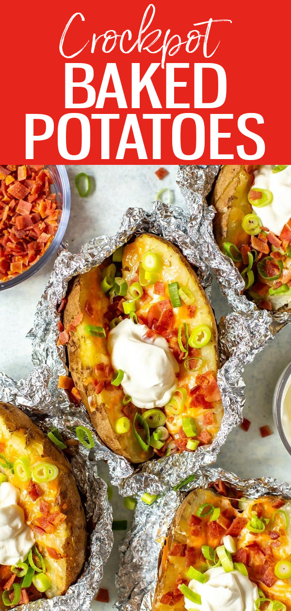 These are the BEST Crock Pot Baked Potatoes. They’re super easy to make – load them up with your favourite toppings for a full meal! #crockpot #bakedpotatoes #slowcooker