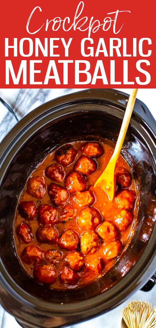 These Honey Garlic Crockpot Meatballs are the perfect appetizer idea and come together super easy with less than 10 ingredients. #crockpot #honeygarlic #meatballs