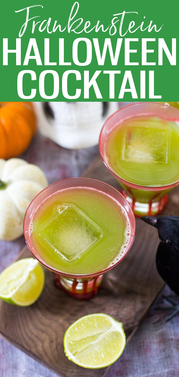 This Sour Frankenstein Cocktail is a fun party cocktail for Halloween. Don't let the green fool you: they're really just cucumber margaritas in disguise! #halloweencocktails #frankenstein