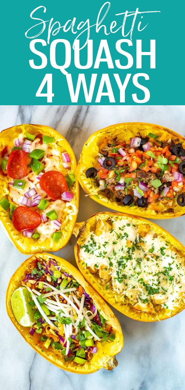 Learn How to Cook Spaghetti Squash with this foolproof method. Try 4 flavours including pizza, Pad Thai, chicken alfredo and taco. #spaghettisquash #lowcarb #fallrecipes