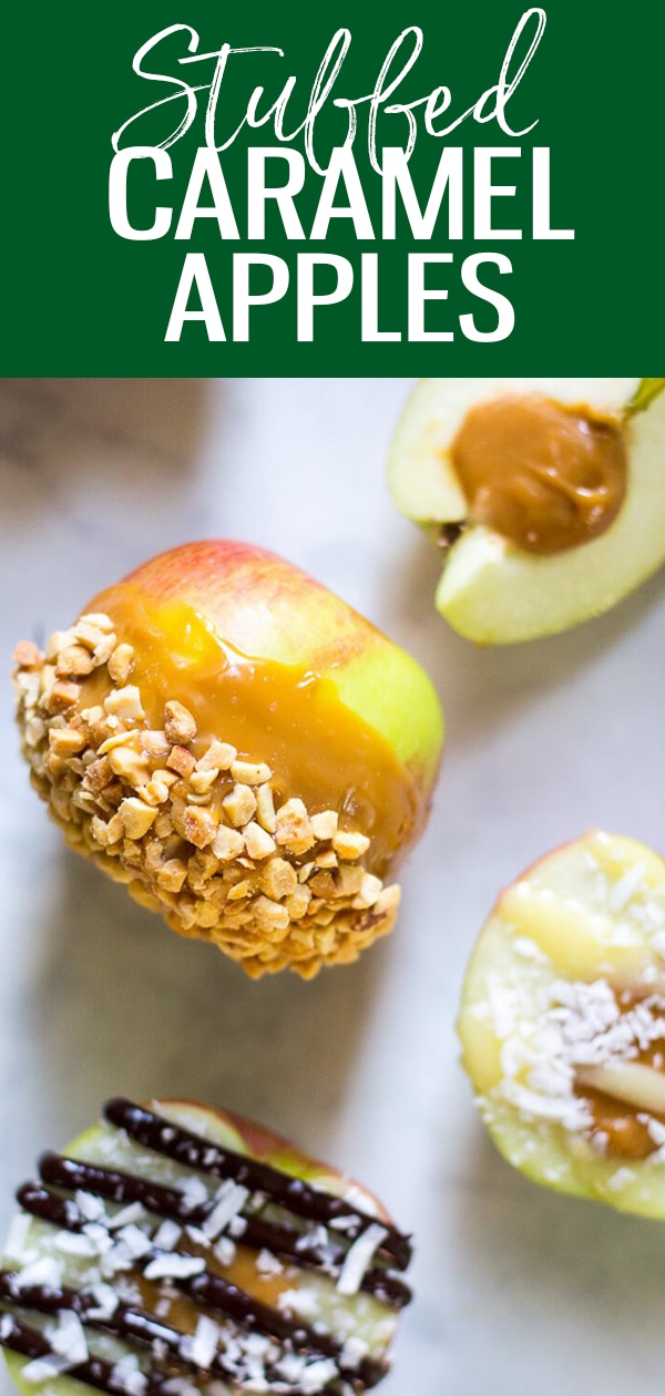 These Stuffed Caramel Apples with Chocolate Drizzle are going to take your Halloween to the next level  - gooey dulce de leche and toppings like coconut, peanuts and toffee are matches made in heaven! #stuffedapples #caramelapples #halloweenrecipes