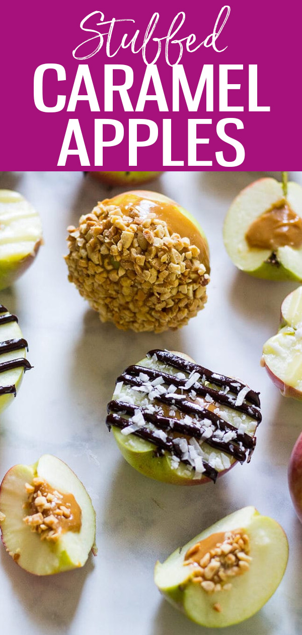 These Stuffed Caramel Apples with Chocolate Drizzle are going to take your Halloween to the next level with the best toppings! #stuffedapples #caramelapples #halloweenrecipes