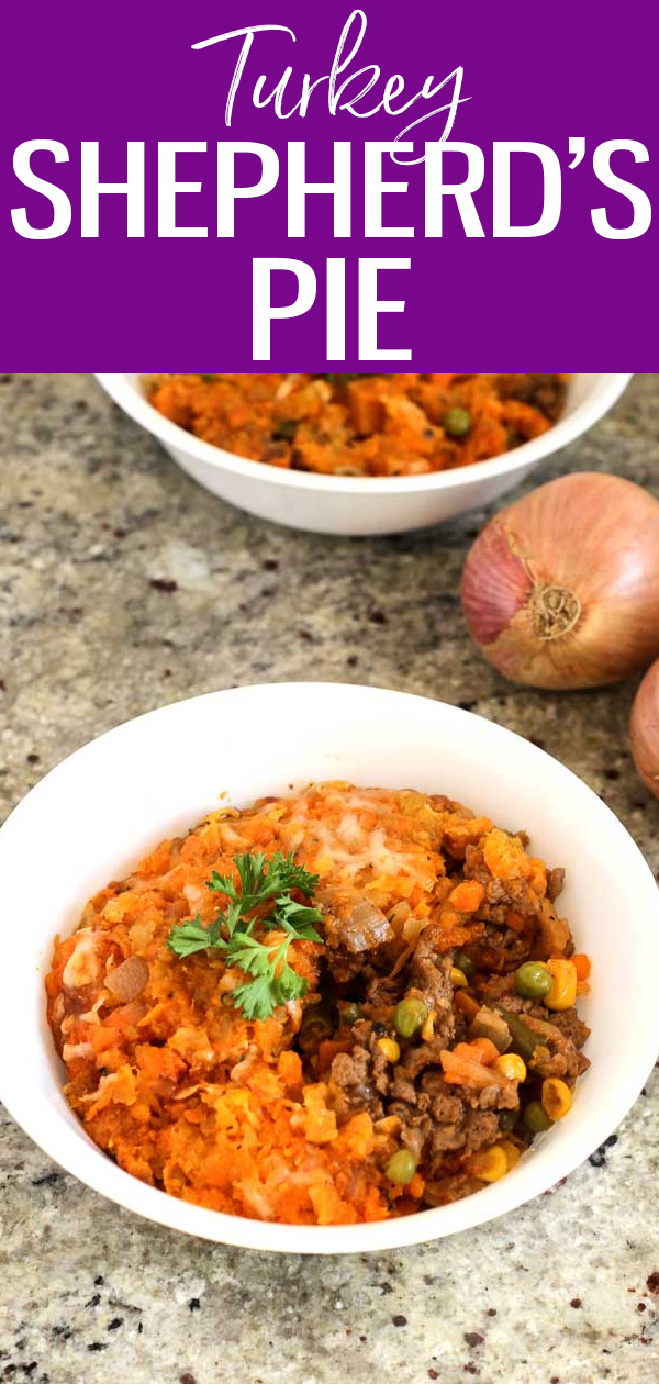 This Healthy Turkey Shepherd’s Pie is a comfort food classic, made with ground turkey and topped with carrot and rutabaga mash. #shepherdspie #groundturkey