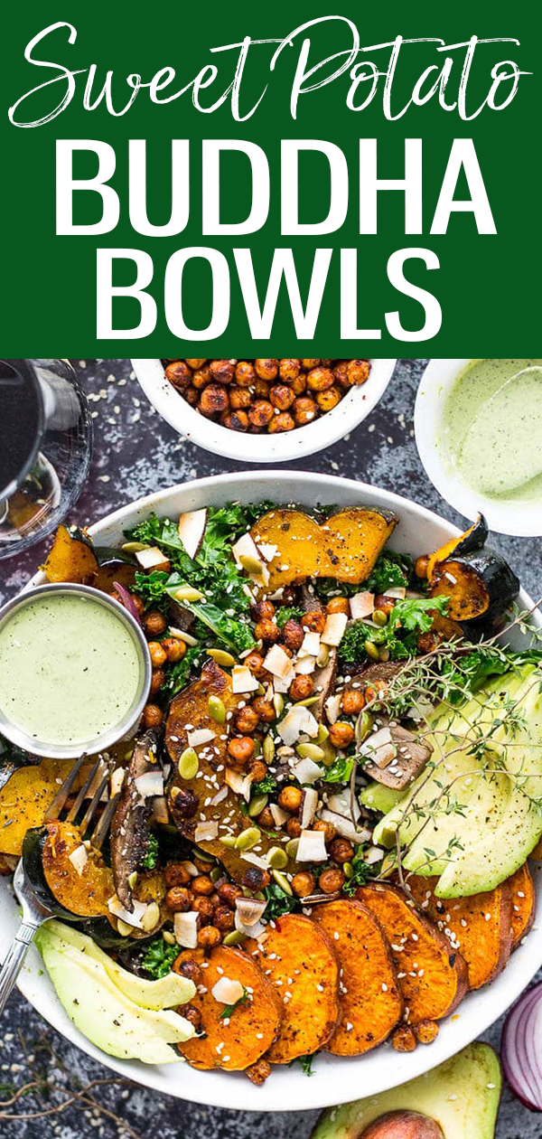 This Sweet Potato, Squash and Kale Buddha Bowl is a delicious way to enjoy roasted fall root vegetables – just add some tahini dressing! #sweetpotato #buddhabowls
