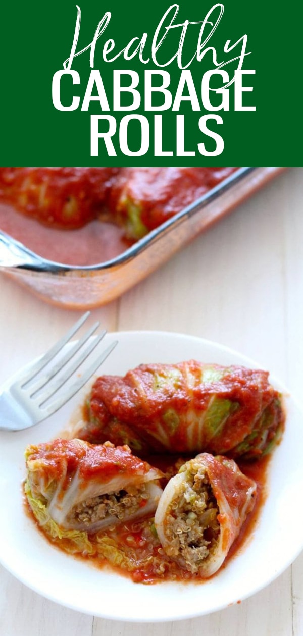 These Healthier Napa Cabbage Rolls are made with ground turkey, quinoa and a homemade tomato sauce that's hearty and delicious - it's the ultimate comfort food! #cabbagerolls