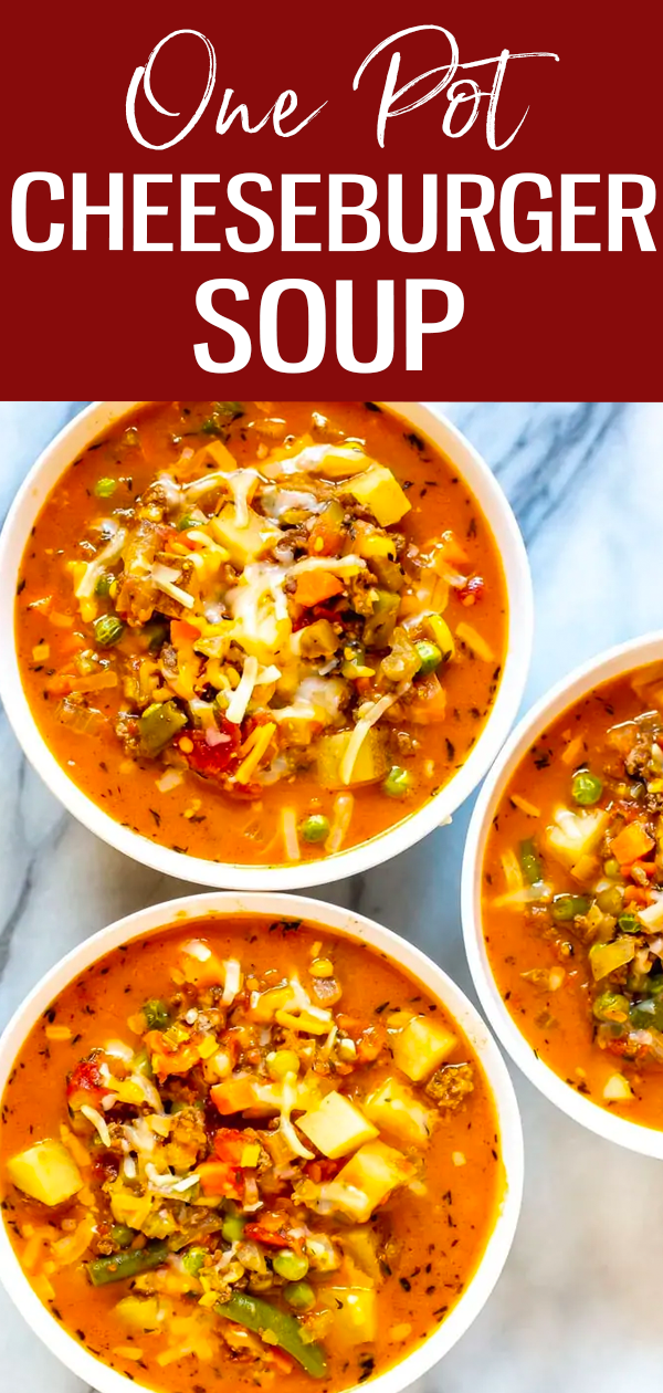 The Ultimate Cheeseburger Soup recipe is filled with ground beef, potatoes, cheese and frozen veggies for an easy, hearty take on a cheeseburger – you'll love this creamy soup! #onepot #cheeseburgersoup
