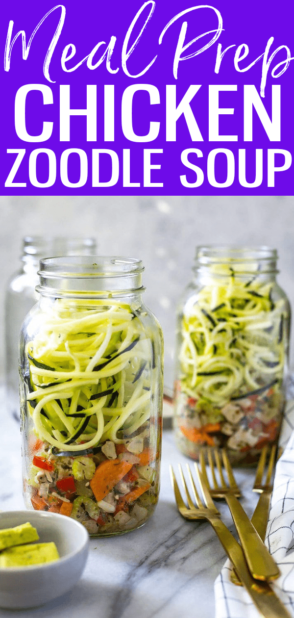 These Spiralized Zucchini Chicken Noodle Soup Jars are a perfect low-carb meal prep idea. Just add boiling water, microwave and enjoy! #mealprep #chickenzoodlesoup