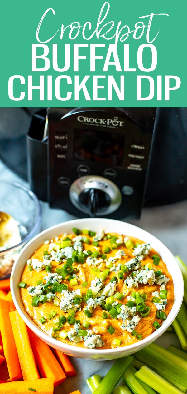 This is the easiest Crockpot Buffalo Chicken Dip in existence! Just cook on high for 4 hours and you've got the perfect appetizer for holiday parties and tailgating season! #crockpot #buffalochickendip