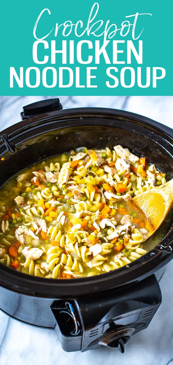 This Crockpot Chicken Noodle Soup is a super easy way to cook everyone's fave comfort food from scratch, and the chicken is so juicy and tender! #crockpot #chickennoodlesoup