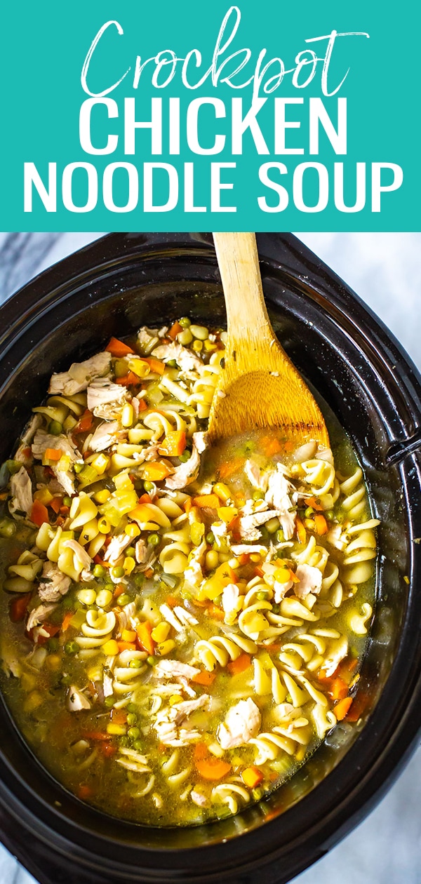 This Crockpot Chicken Noodle Soup is a super easy way to cook everyone's fave comfort food from scratch, and the chicken is so juicy and tender! #crockpot #chickennoodlesoup