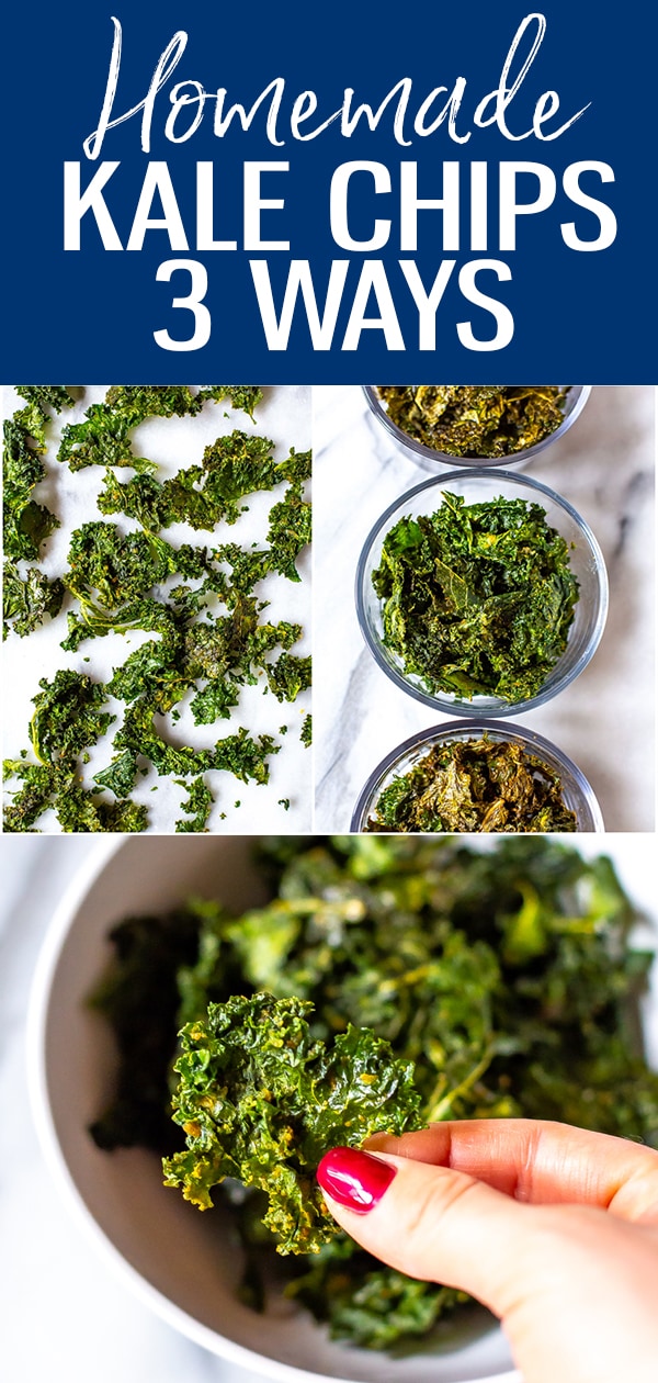 These Healthy Baked Kale Chips are the perfect snack. Here's how to make 3 flavours: salt & vinegar, chili lime and ranch - they're so delicious and have the best crunch! #kalechips #healthysnacks
