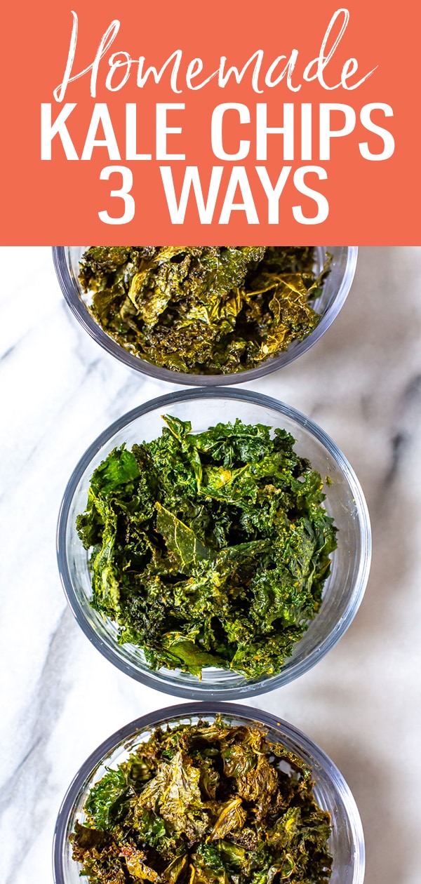 These Healthy Baked Kale Chips are the perfect snack. Here's how to make 3 flavours: salt & vinegar, chili lime and ranch - they're so delicious and have the best crunch! #kalechips #healthysnacks