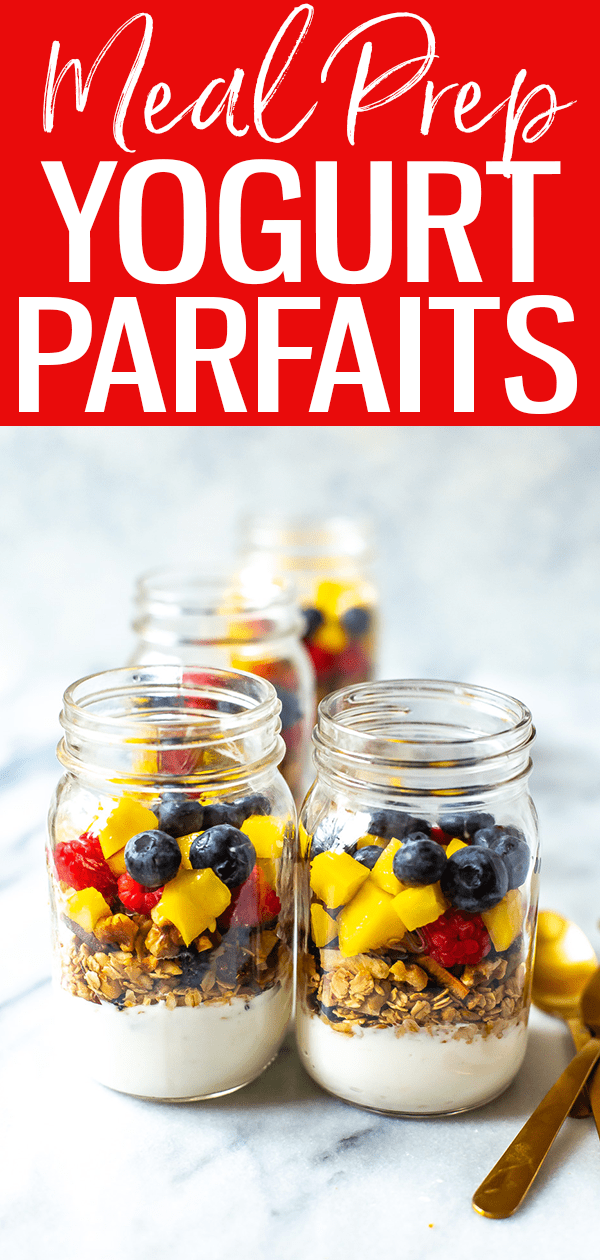 These Healthy Meal Prep Yogurt Parfaits are a great breakfast idea made using yogurt, granola & fruit – they're grab and go & easy to assemble in advance.  #mealprep #yogurtparfaits