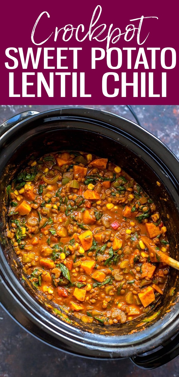This Slow Cooker Sweet Potato Lentil Chili is a healthy, vegetarian spin on comfort food that's perfect for chilly weather! Dump everything in your crockpot and let the flavours mingle! #slowcooker #lentil #chili