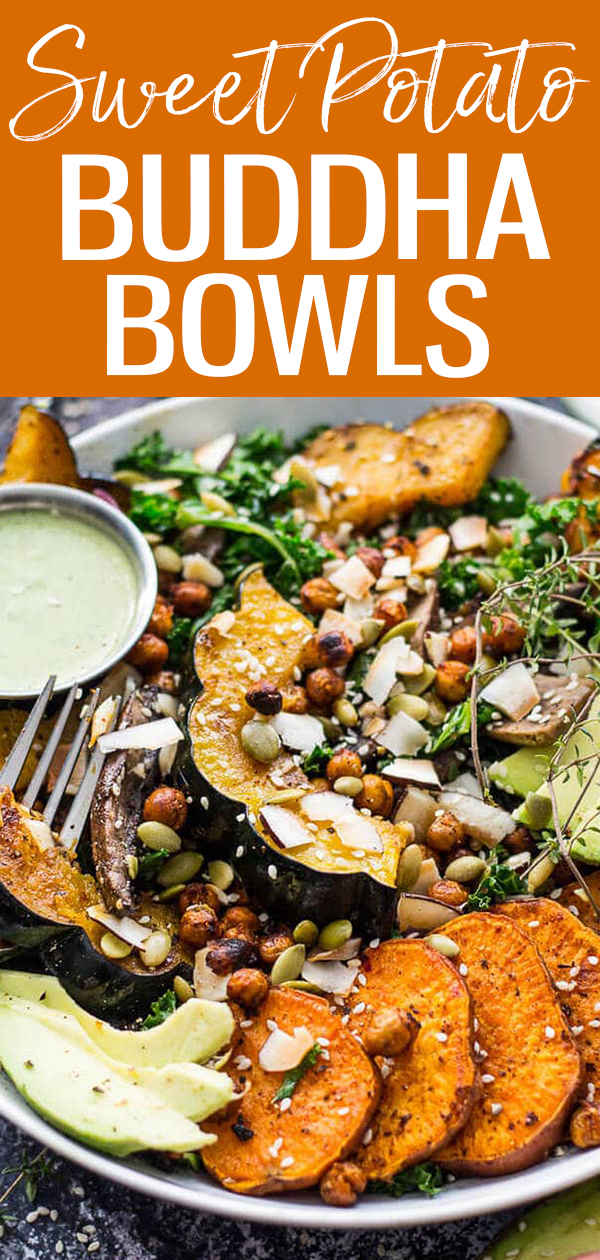 This Sweet Potato, Squash and Kale Buddha Bowl is a delicious way to enjoy roasted fall root vegetables – just add some tahini dressing! #sweetpotato #buddhabowls