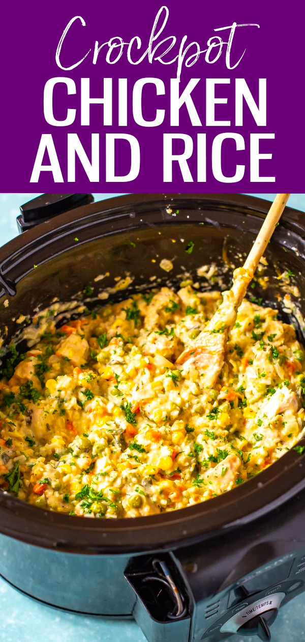 The Creamiest Crockpot Chicken and Rice is so easy to make in your slow cooker – and no soup can is required! Just add frozen veggies, sour cream and cheese. #slowcooker #chickenandrice