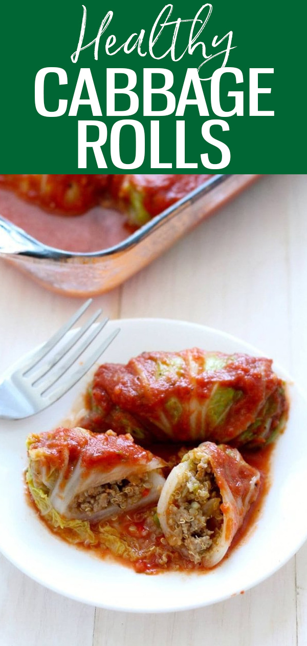 These Healthier Napa Cabbage Rolls are made with ground turkey, quinoa and homemade tomato sauce – they're the ultimate comfort food! #cabbagerolls