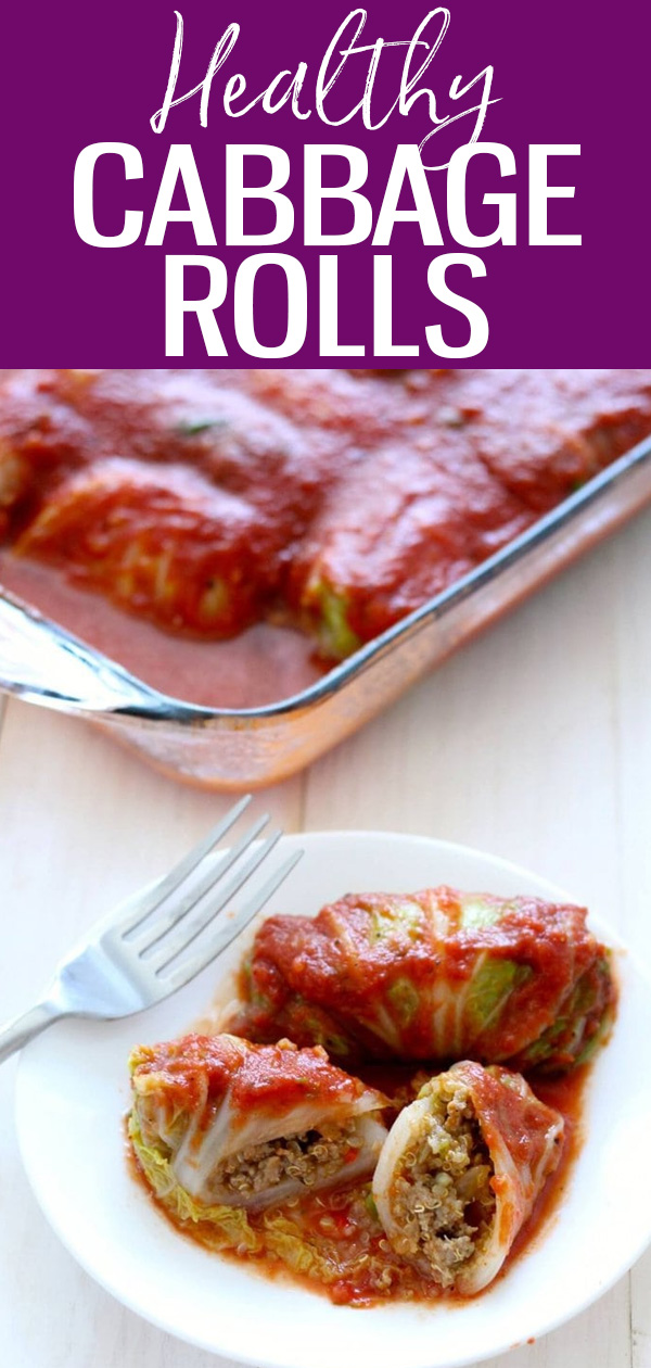 These Healthier Napa Cabbage Rolls are made with ground turkey, quinoa and homemade tomato sauce – they're the ultimate comfort food! #cabbagerolls