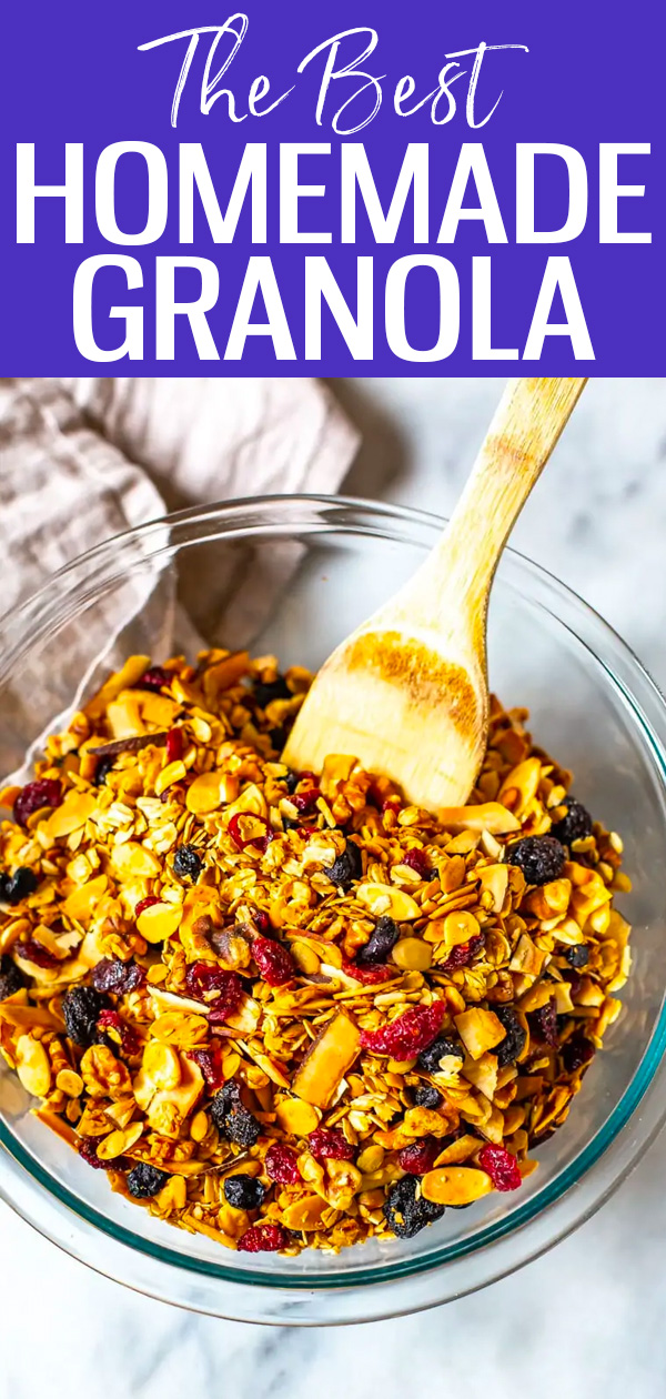 This Healthy Homemade Granola is the best and so easy to make with no refined sugars – mix it all together then pop it in the oven! #homemadegranola