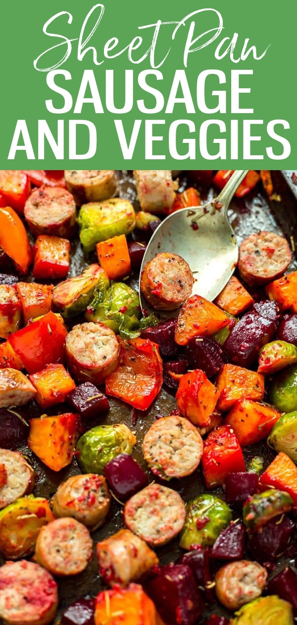 ThisSheet Pan Sausage & Root Vegetable Scramble is a delicious quick and easy dinner cooked all on one pan in the oven with a hint of rosemary and garlic. #sheetpansausage #brusselssprouts #fallrecipe