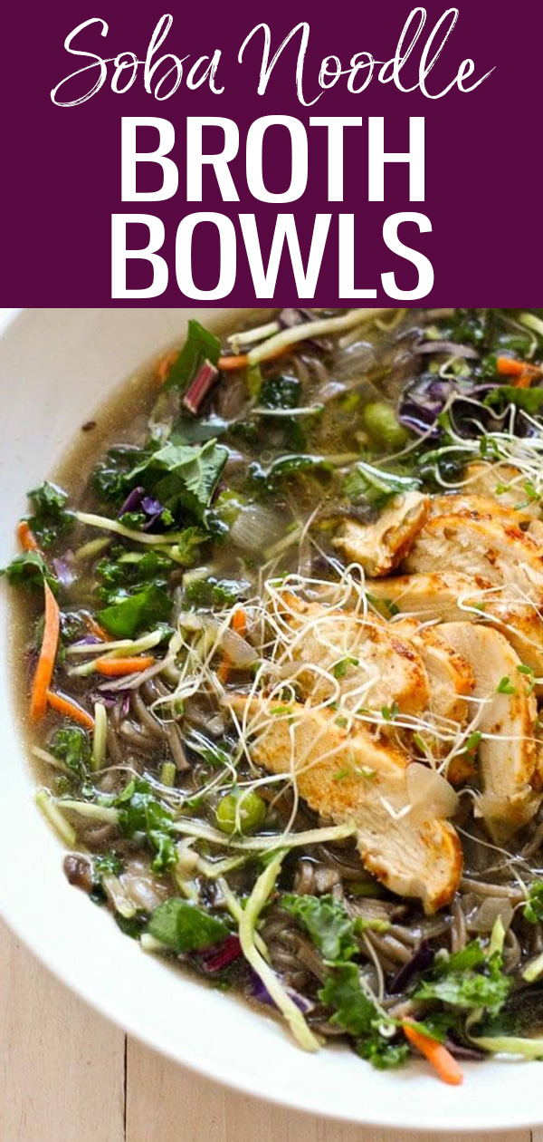 These Soba Noodle Broth Bowls are a tasty Panera Bread copycat. They’re so easy to make at home with kale slaw and chicken! #panerabread #brothbowls #sobanoodles