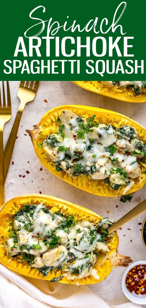 These Chicken, Spinach & Artichoke Spaghetti Squash Boats are a delicious, low-carb dinner that tastes just like a creamy spinach & artichoke dip made healthier with goat cheese! #spaghettisquash #spinachandartichoke