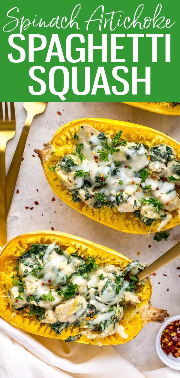 This Chicken, Spinach & Artichoke Spaghetti Squash is a low carb dinner and a healthier take on the popular creamy dip! #spaghettisquash #spinachandartichoke