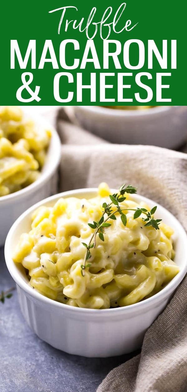 This White Cheddar Truffle Mac and Cheese is super creamy and made on the stovetop with truffle oil, white cheddar and Swiss cheese. #truffle #macandcheese