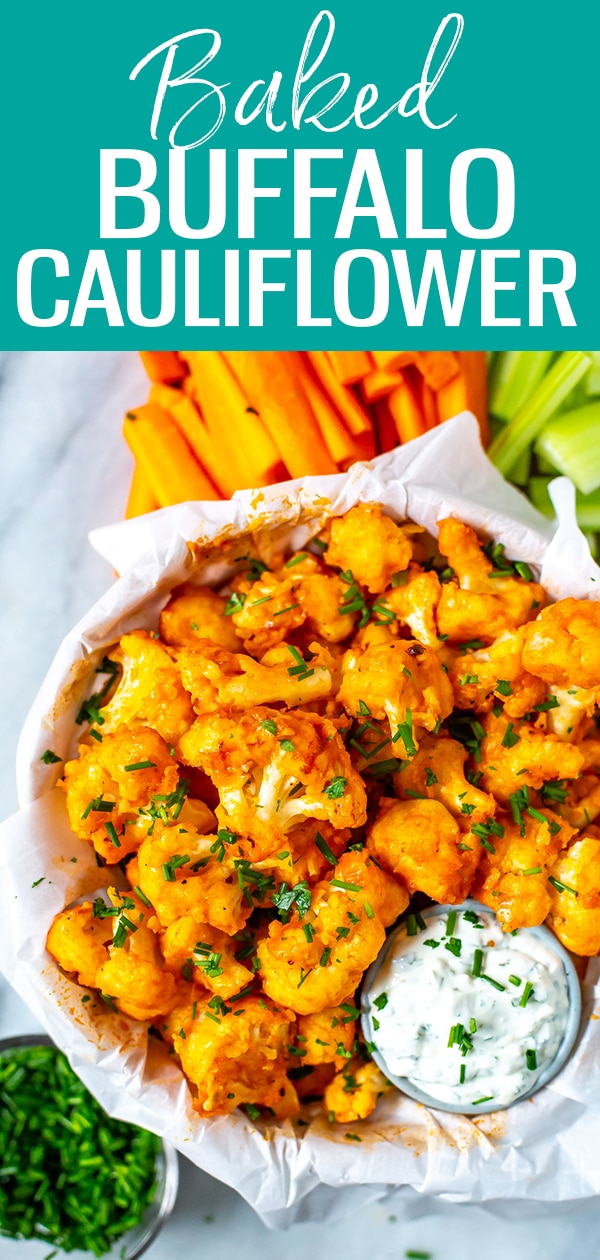 This Easiest Ever Buffalo Cauliflower is a perfect healthy appetizer or snack idea for football season, and these cute bites are made healthier in the oven. #buffalocauliflower #buffalosauce