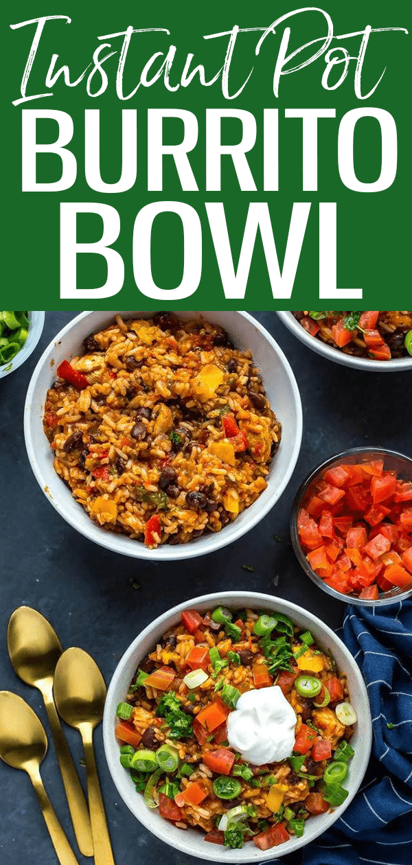 These 20-Minute Instant Pot Chicken Burrito Bowls are a quick dinner idea using mostly pantry staples – read on for a slow cooker option! #burritobowl #instantpot