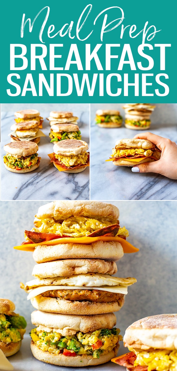 Try these easy Breakfast Sandwich Recipes 3 Ways: sausage & Swiss, bacon & cheddar or veggie! They are perfect for meal prep and freezer-friendly! #mealprep #breakfastsandwich
