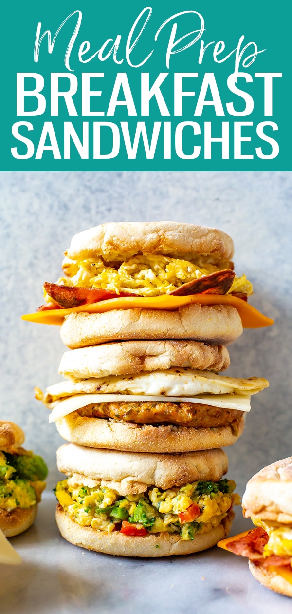 Try these easy Breakfast Sandwich Recipes 3 Ways: sausage & Swiss, bacon & cheddar or veggie! They are perfect for meal prep and freezer-friendly! #mealprep #breakfastsandwich