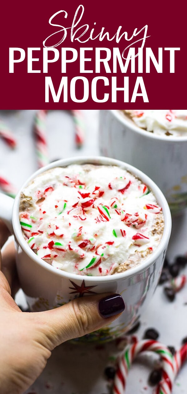 This Skinny Peppermint Mocha is a delicious, calorie-wise version of the Starbucks holiday coffee drink complete with candy canes, whipped cream and mint syrup!  #peppermintmocha #starbucks #holiday