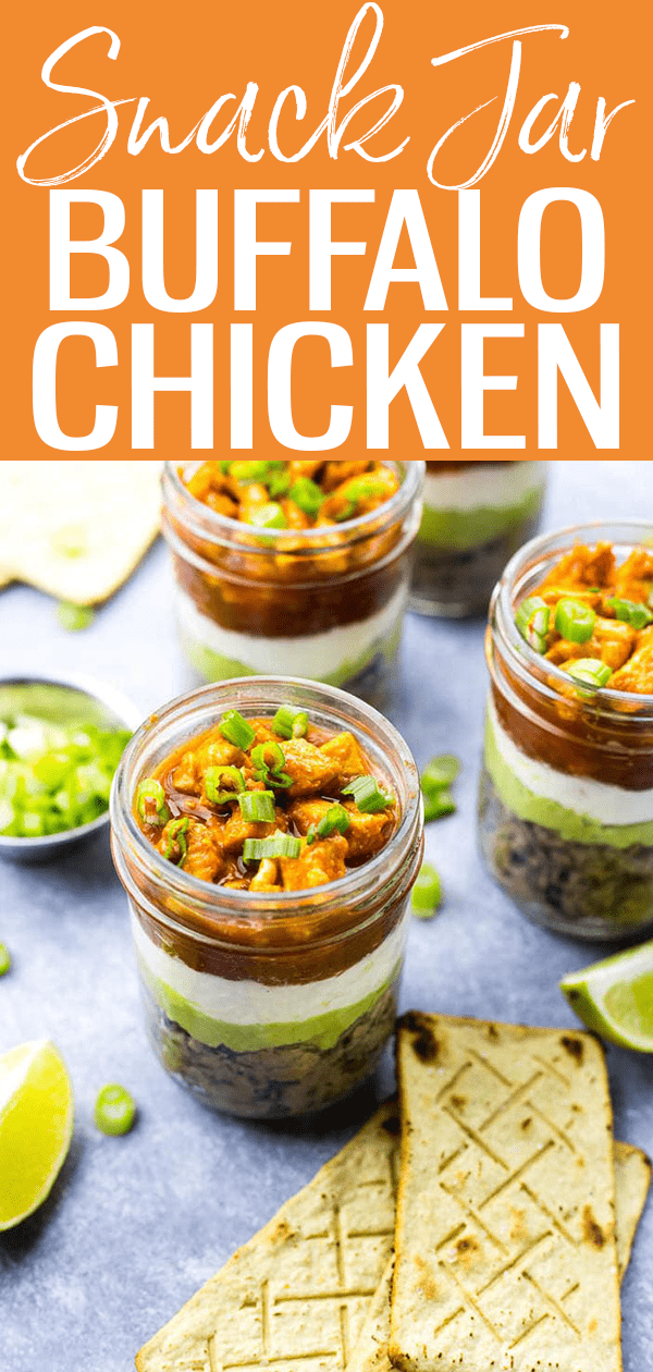 These Mini 5-Layer Buffalo Chicken Salsa Dip Jars are the perfect grab and go snack with refried beans, guacamole, sour cream and salsa! #buffalochicken #snackjars