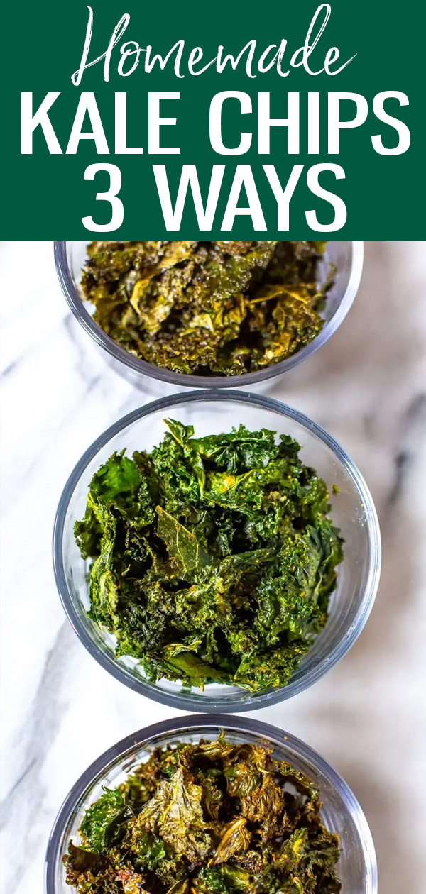 These Healthy Baked Kale Chips are the perfect snack with the best crunch. Choose from three flavours – salt & vinegar, chili lime and ranch. #kalechips #healthysnacks