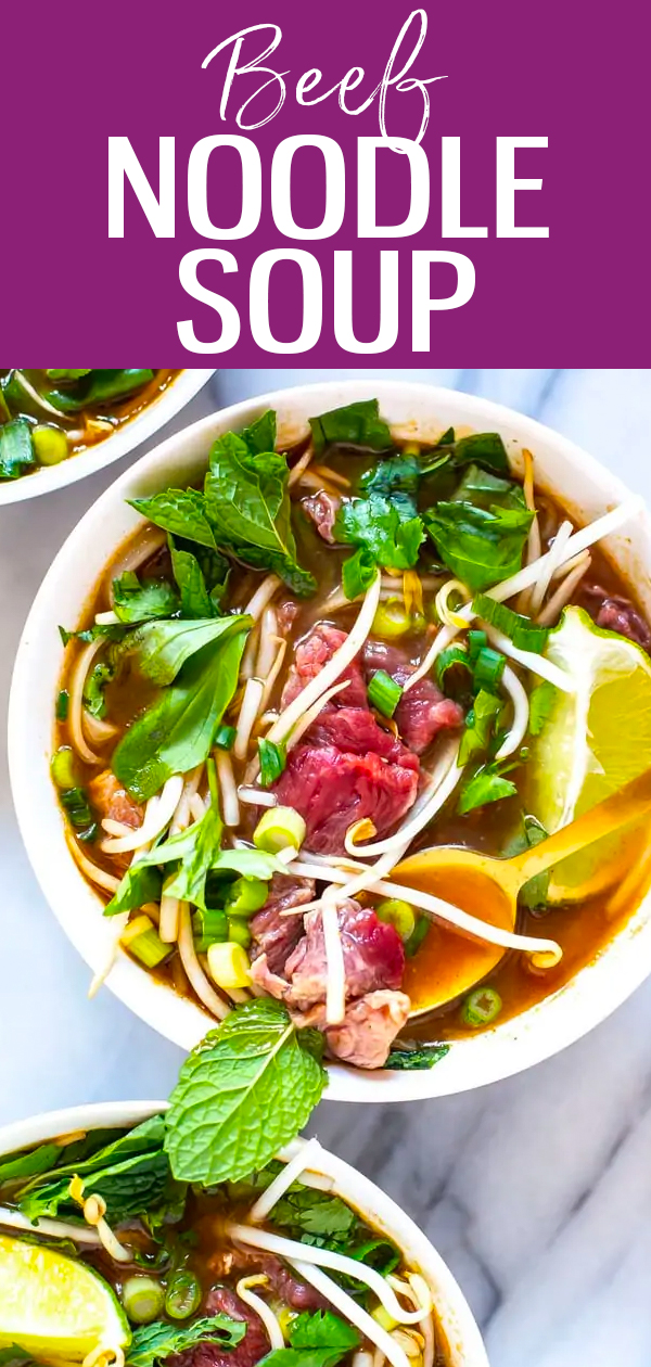 Inspired by Vietnamese pho, this Americanized beef noodle soup combines rice noodles, beef and fresh herbs in a simple pantry-based beef broth. #vietnameseinspired #beefnoodlesoup
