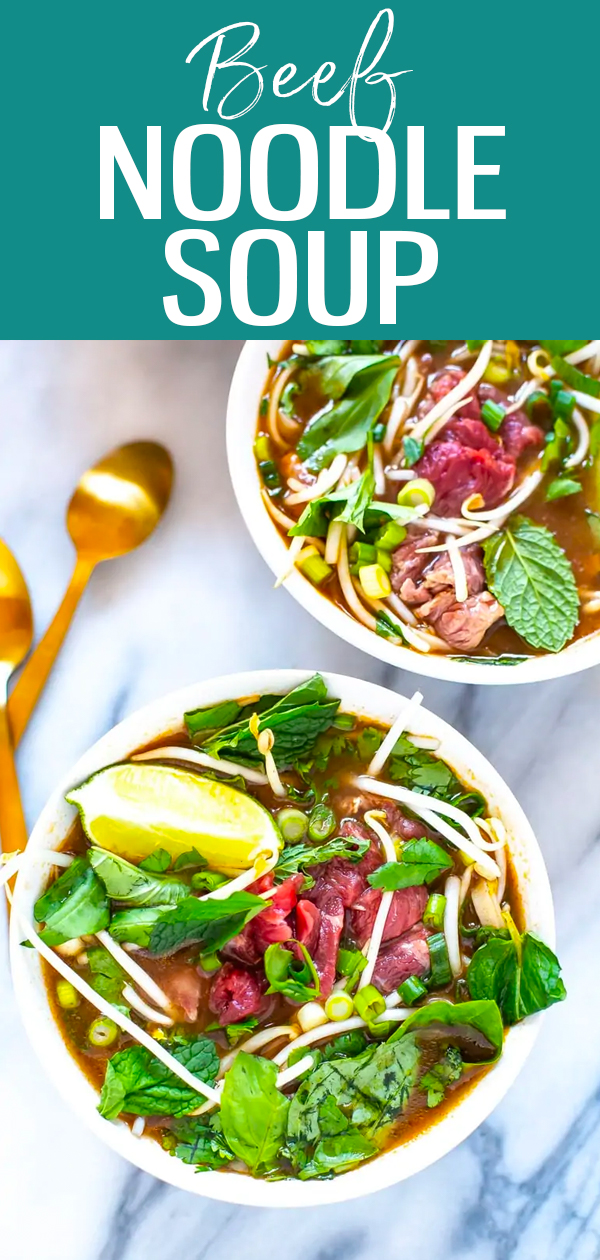 Inspired by Vietnamese pho, this Americanized beef noodle soup combines rice noodles, beef and fresh herbs in a simple pantry-based beef broth. #vietnameseinspired #beefnoodlesoup