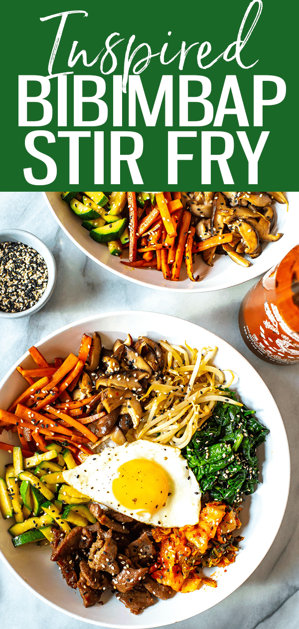 This beef stir fry, inspired by Korean Bibimbap, is a mixture of sesame fried vegetables, beef, kimchi, rice and a fried egg. #bibimbap #beefstirfry