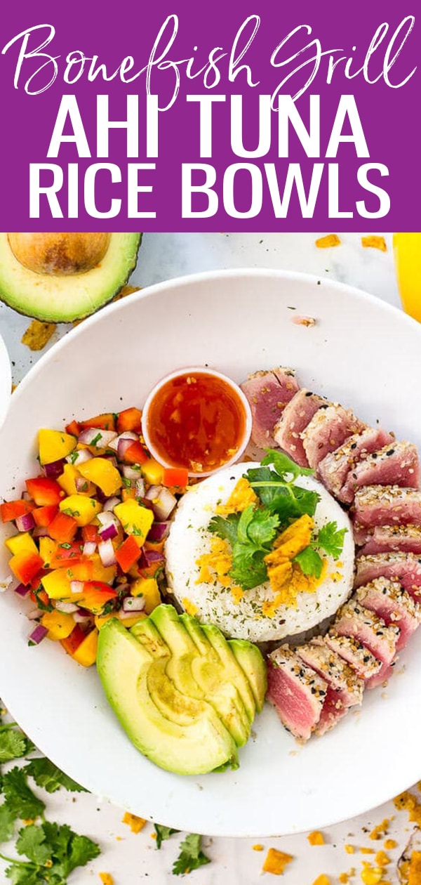 These Bonefish Grill Tuna Bowls are a delicious copy cat from my favourite seafood chain – be sure to add sliced avocado, mango salsa and sweet chili Thai sauce for extra kick! #bonefishgrill #tunabowls #ahituna