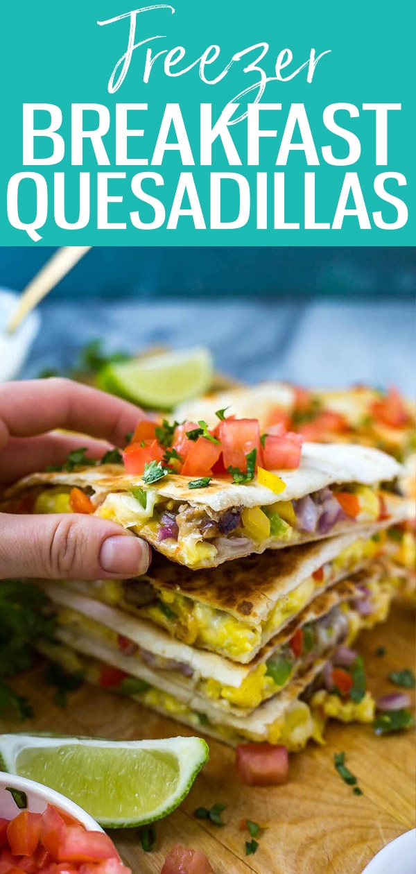 These Freezer-Friendly Tex Mex Breakfast Quesadillas with scrambled eggs, diced peppers, red onion and sausage are the ultimate meal prep breakfast! #breakfastquesadillas #mealprep #freezermeal