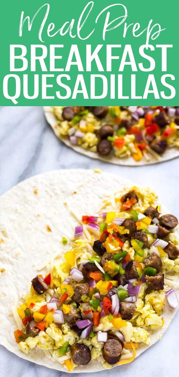 These Freezer-Friendly Tex Mex Breakfast Quesadillas with scrambled eggs, diced peppers, red onion and sausage are the ultimate meal prep breakfast! #breakfastquesadillas #mealprep #freezermeal