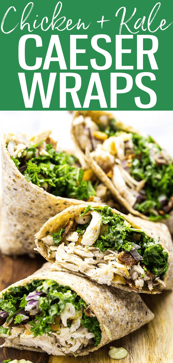 These veggie-filled Chicken and Kale Caesar Wraps are the perfect on-the-go lunch and include a lighter vegetarian caesar dressing!  #chickenkale #caeserwraps