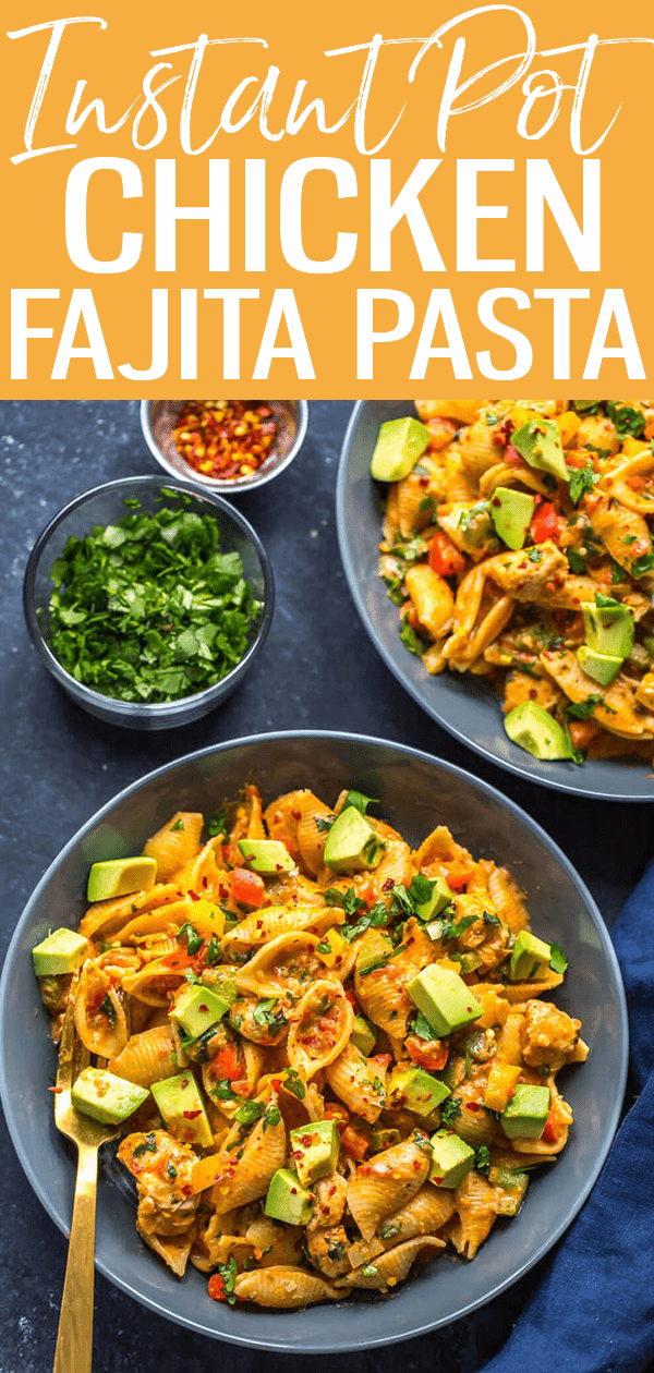 This Instant Pot Chicken Fajita Pasta with salsa and bell peppers is a delicious one pot pasta idea. Just dump all your ingredients and serve. #instantpot #chickenfajitapasta 