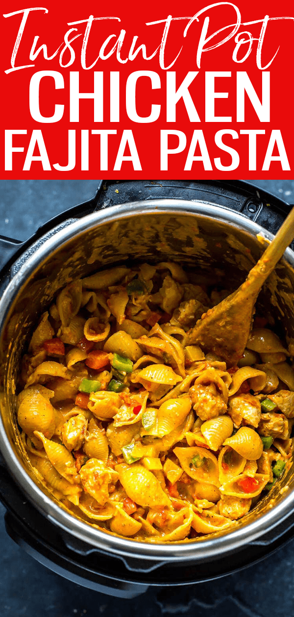 This Instant Pot Chicken Fajita Pasta with salsa and bell peppers is a delicious one pot pasta idea. Just dump all your ingredients and serve. #instantpot #chickenfajitapasta 