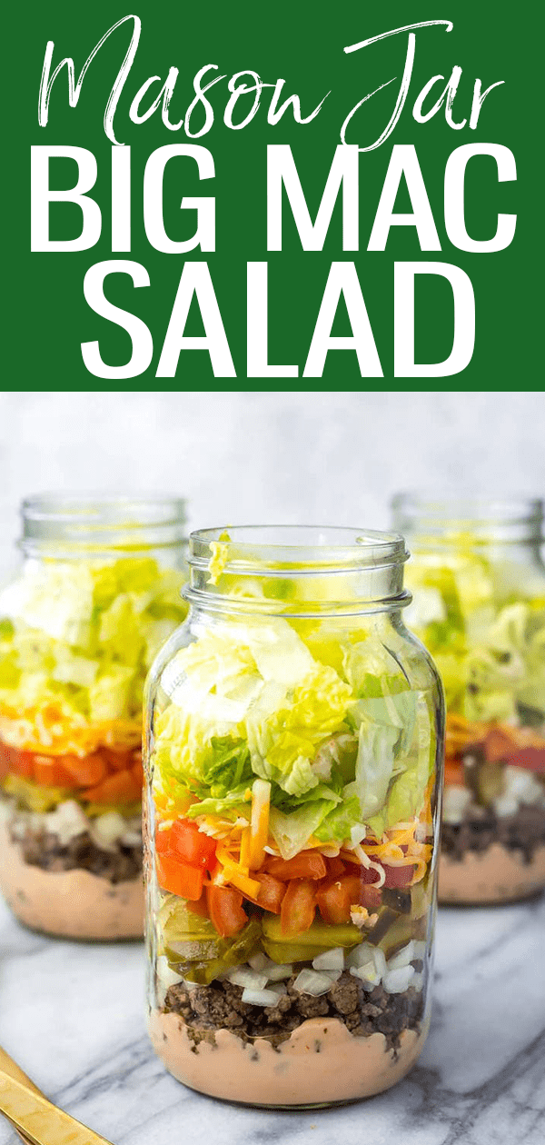 These Meal Prep Low Carb Big Mac Salad Jars are like a healthy cheeseburger - you probably already have the sauce ingredients!  #bigmac #masonjarsalad