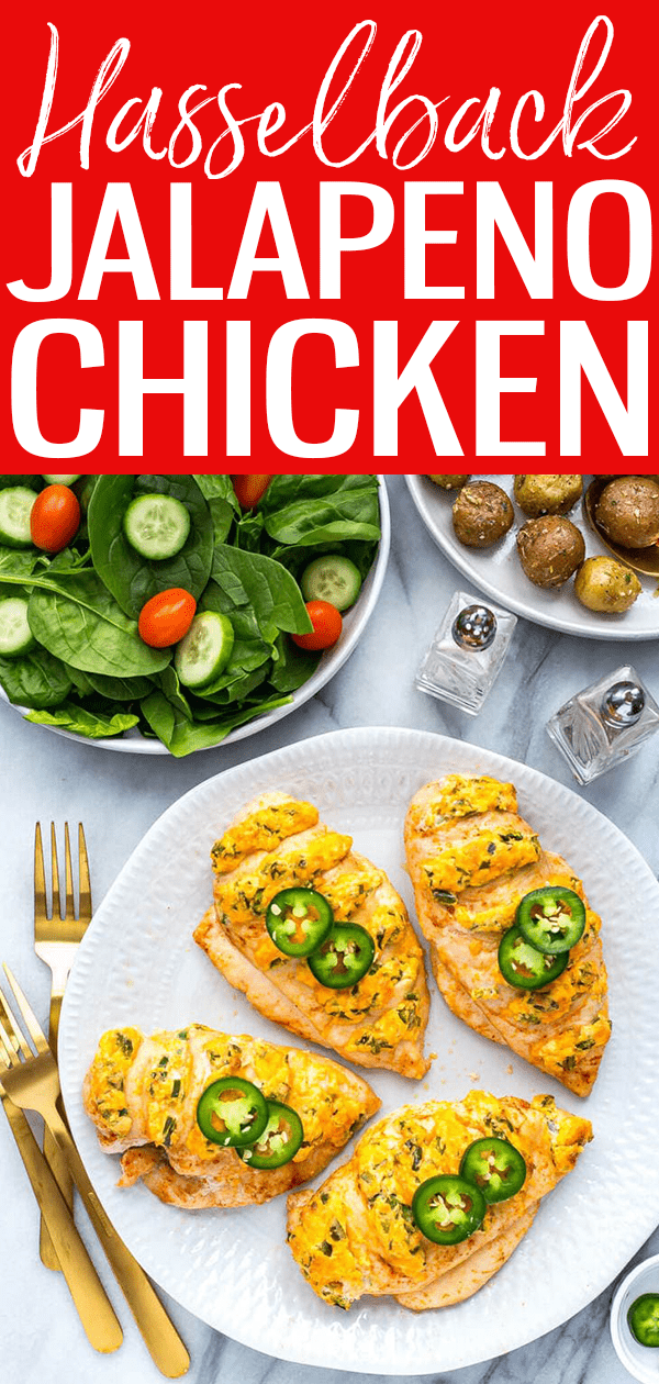 This Hasselback Jalapeno Popper Chicken is SO GOOD – all you need is light cream cheese, cheddar and jalapeno peppers! #hasselbackchicken #jalapenopopper