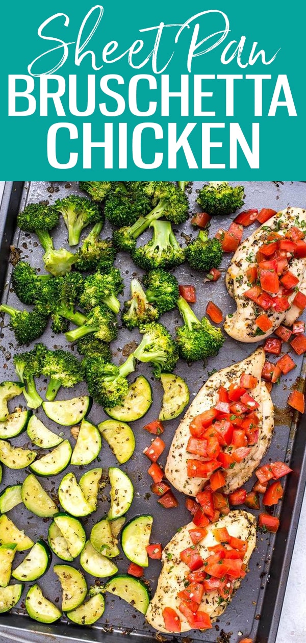 This Sheet Pan Bruschetta Chicken with broccoli is a healthy one pan dinner idea and one of my favourite healthy summer-inspired meals. #sheetpan #bruschettachicken